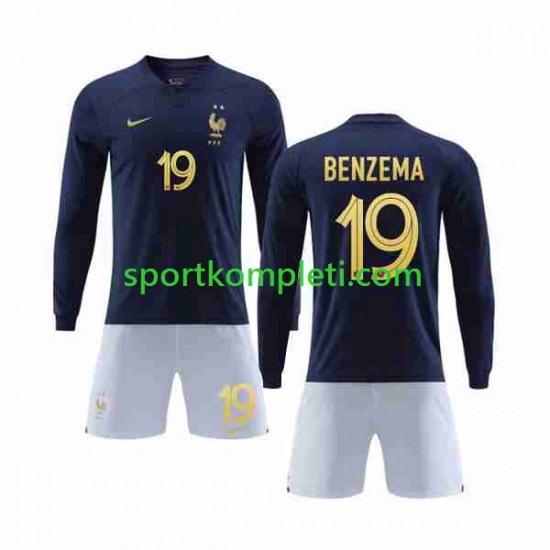 Francuska Djeca Domaći Nogometni Dres Benzema 19 World Cup 2022 Dugi Rukavi